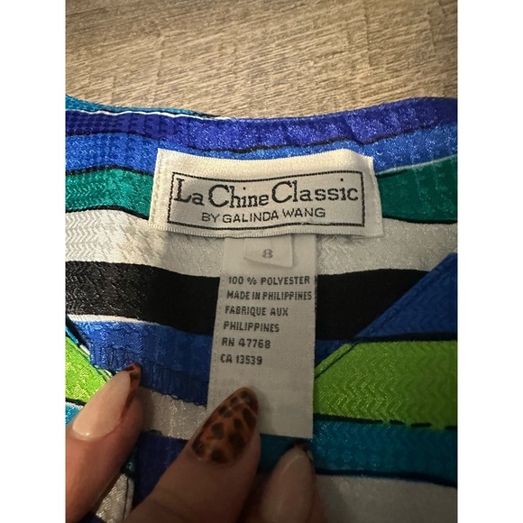 Lá Chine Classic Vintage 80s? Blue Green Striped Blouse Shoulder Pads 8 - Picture 5 of 8